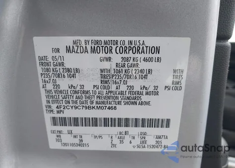 2011 Mazda Tribute I Sport from USA, damaged, VIN 4F2CY9C79BKM07468